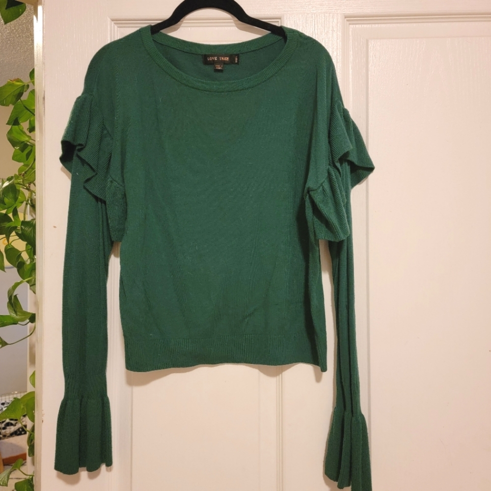 Bell sleeve ruffle shoulder sweater